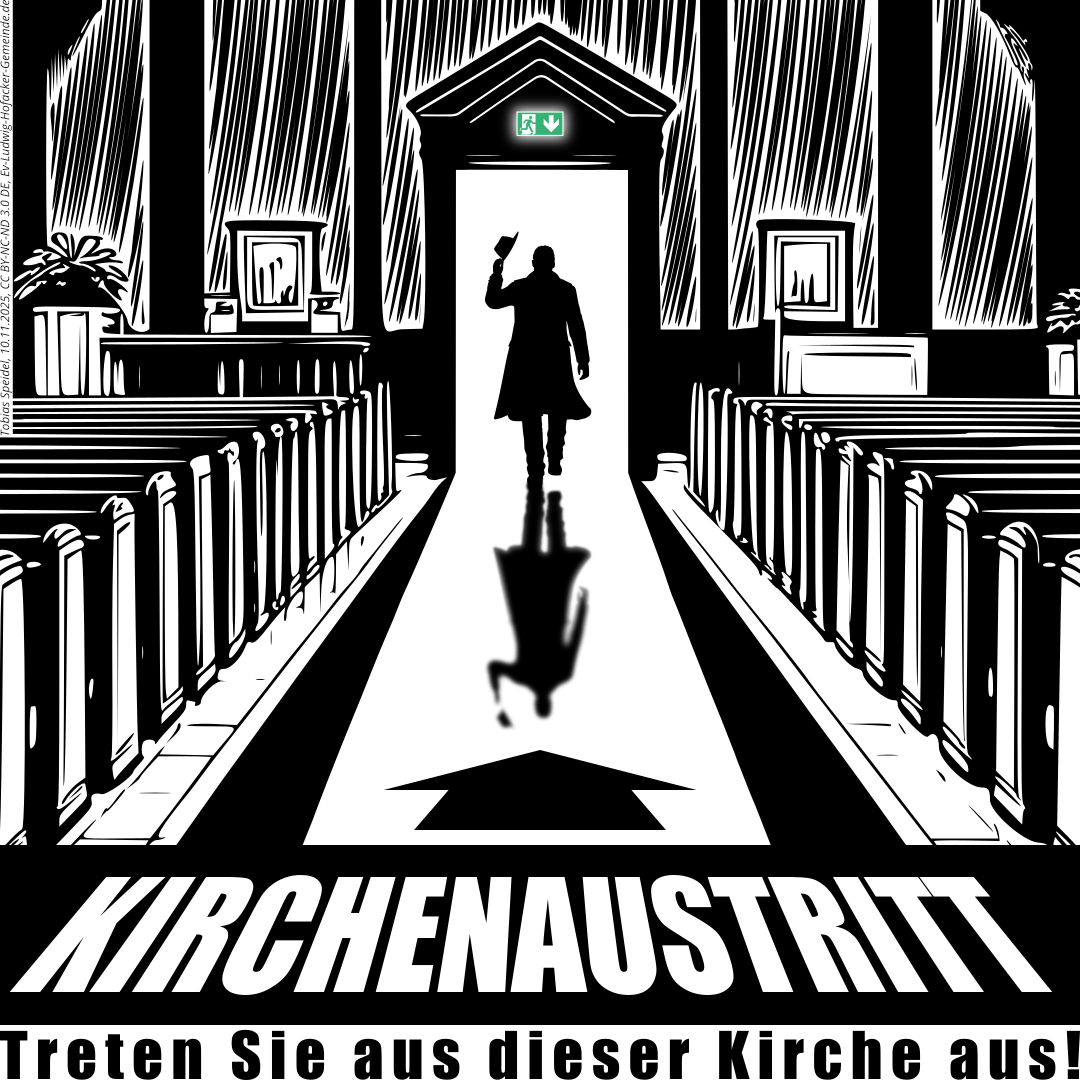 Ein Mann verläßt eine Kirche durch die offene Haupttüre und symolisiert damit den Kirchenaustritt.