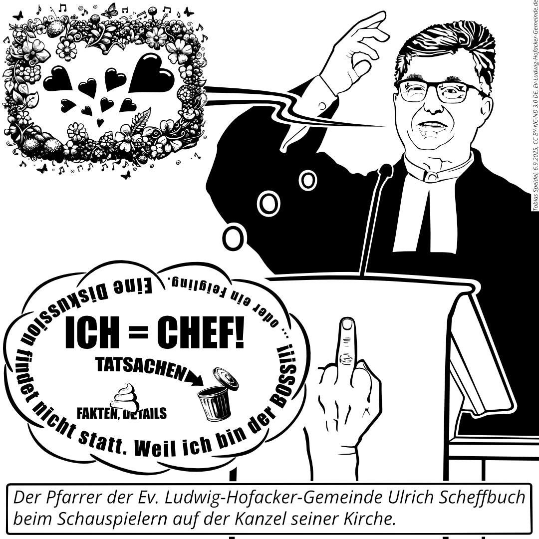 Der Pfarrer der Ev. Ludwig-Hofacker-Gemeinde Ulrich Scheffbuch beim Schauspielern auf der Kanzel der Ev. Ludwig-Hofacker-Kirche.